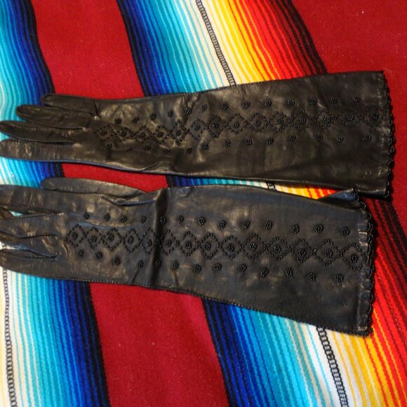 Leather Beaded 14" Evening Dress Gloves Vintage Diamond Pattern Elegant Demure ! - Picture 2 of 14